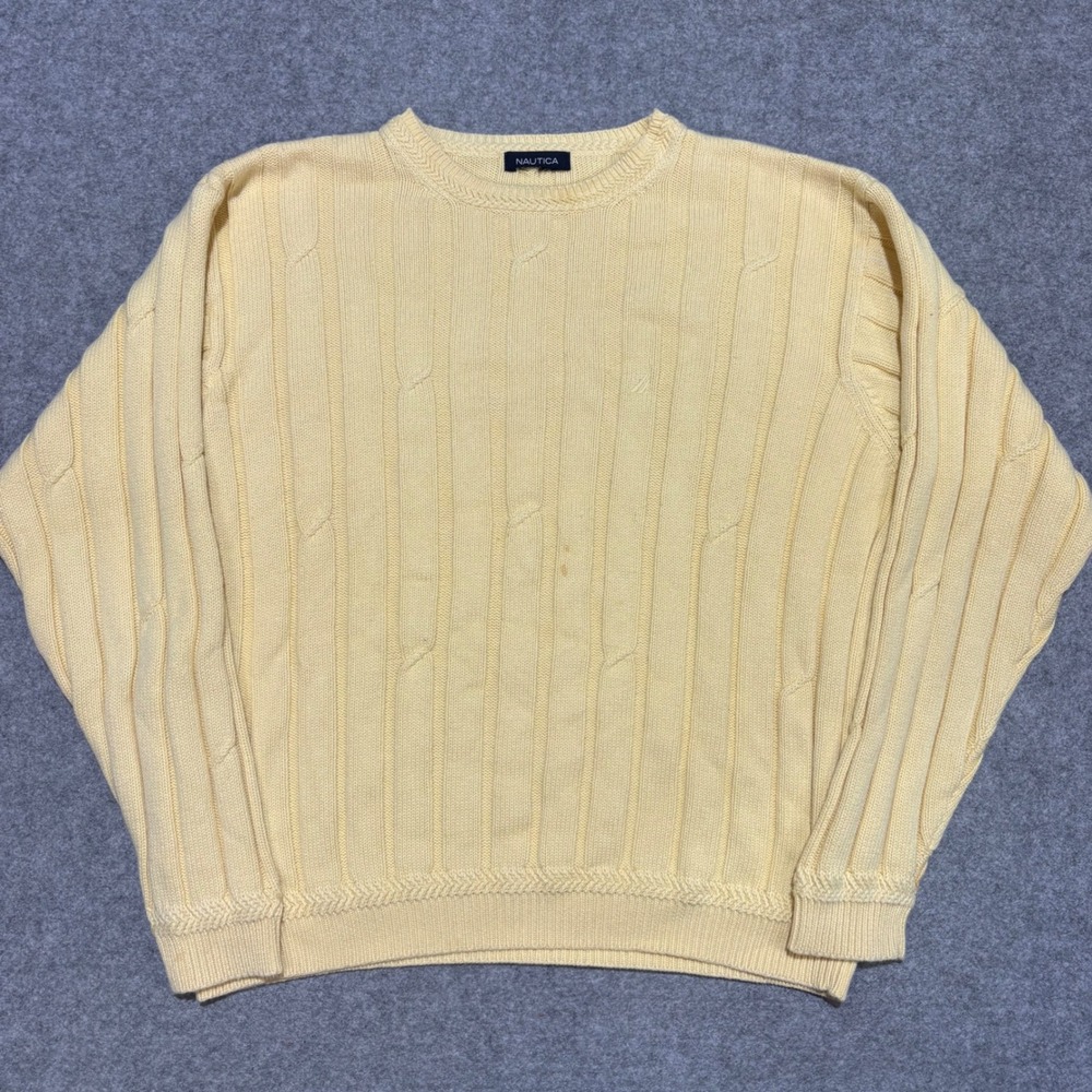 Nautica Mens Yellow Cable Knit Ribbed Crewneck Sweater Long Sleeve Classic